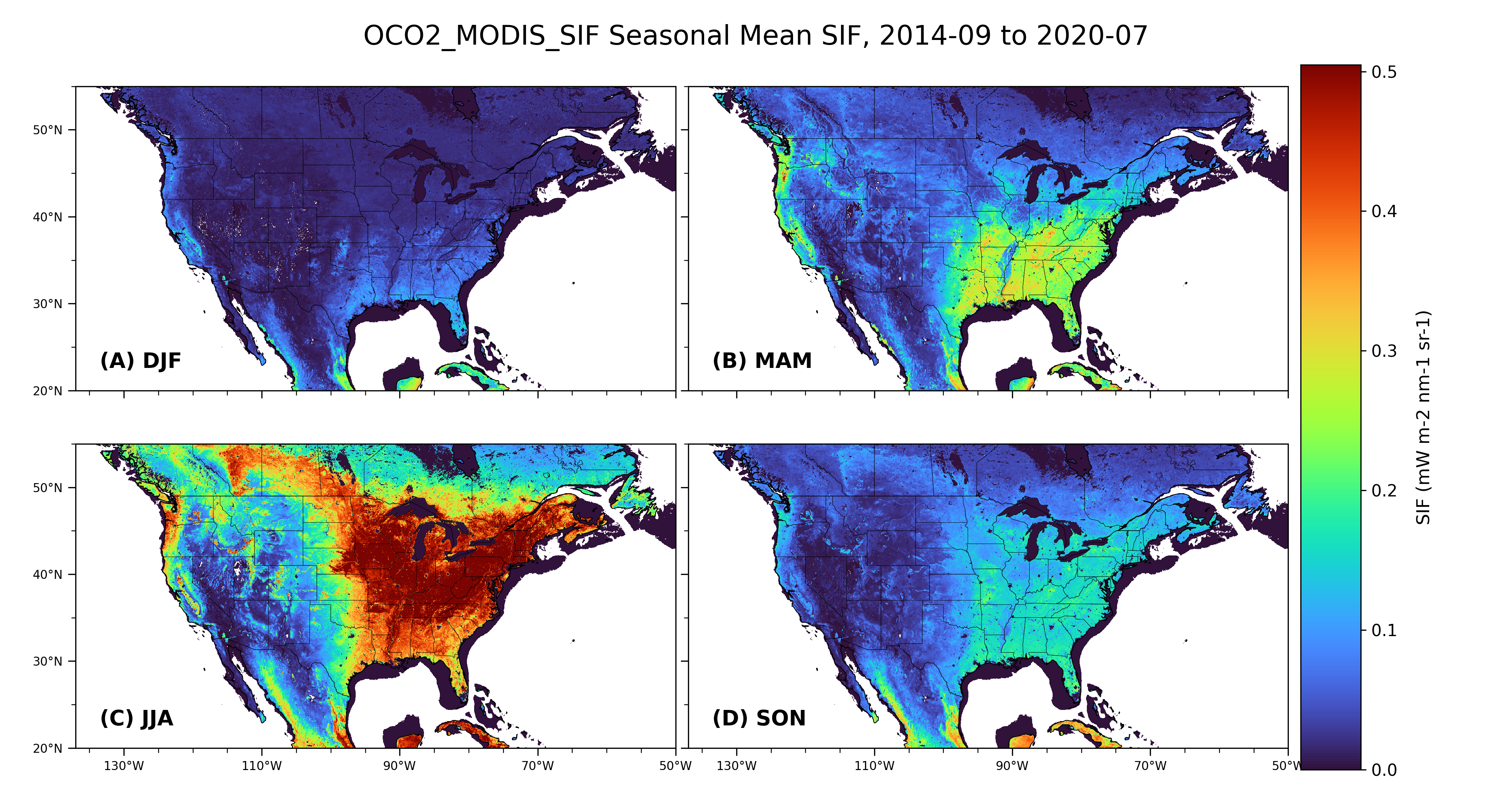 Four-panel map of OCO-2/MODIS seasonal mean solar-induced fluorescence (SIF) over North America for DJF, MAM, JJA, and SON, 2014–2020