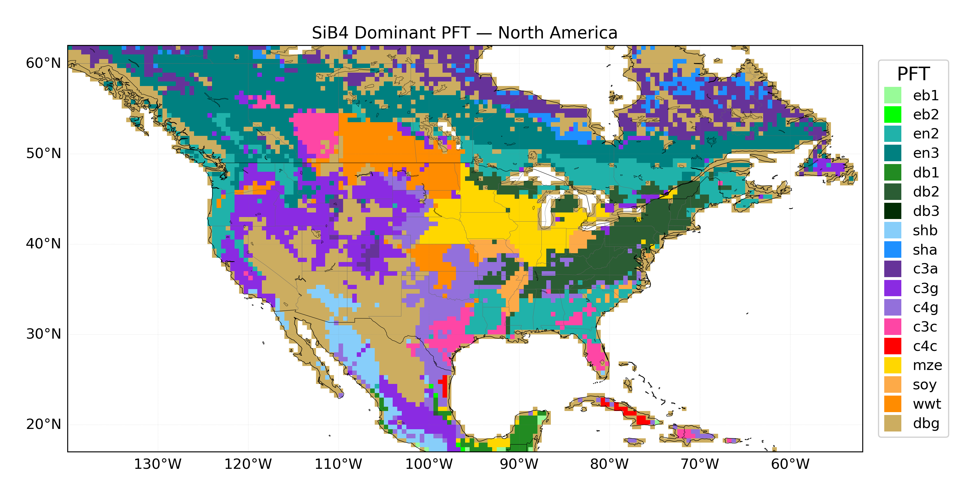 Map of SiB4 dominant plant functional type (PFT) across North America