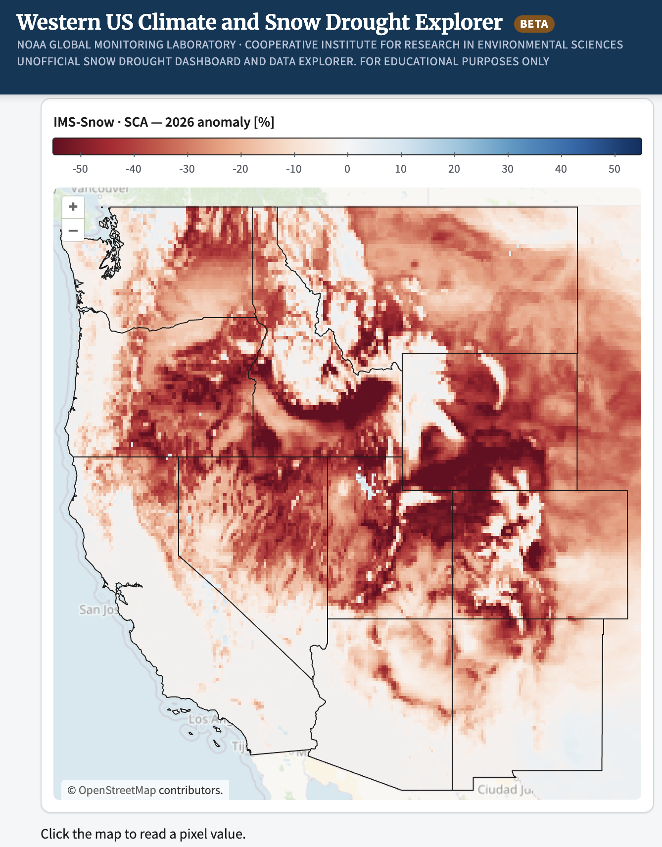 Map of the IMS-Snow snow cover area (SCA) 2026 anomaly, in percent, across the Western U.S., from the Western US Climate and Snow Drought Explorer at snowdrought.org